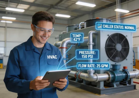 HitachiCool technician performing smart diagnostics on chiller system